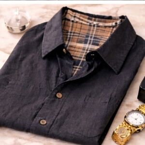 Men's Burberry London Charcoal Beige Plaid Casual Button Down Shirt XXL